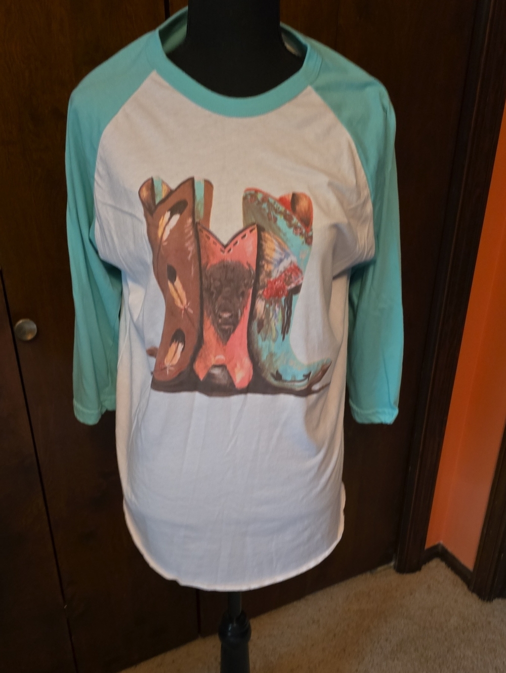 Crazy Train White Tee with Aqua Raglan Sleeves and Western Boot Graphic